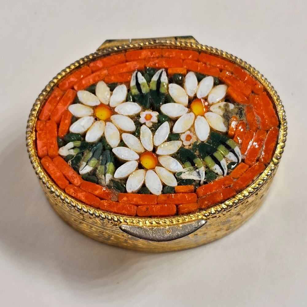 Micro Mosaic Pill Box Trinket Daisy Floral Orange White Italy Goldtone Vintage